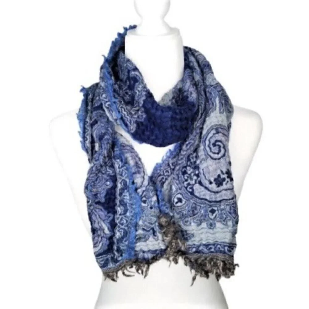Sevya Blue Paisley Ruffled 100% Wool Handmade